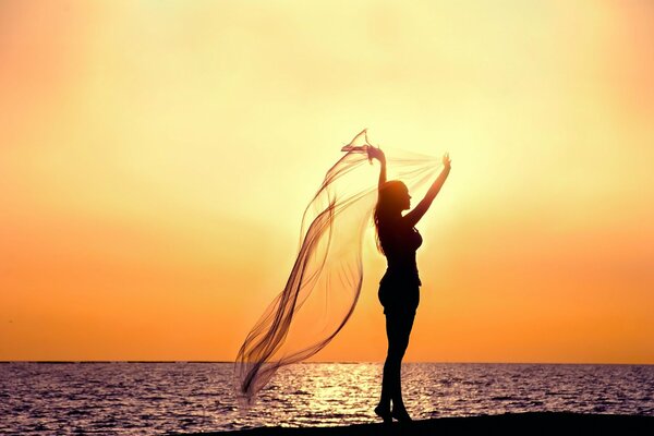 Siluetta della ragazza vicino al mare al tramonto