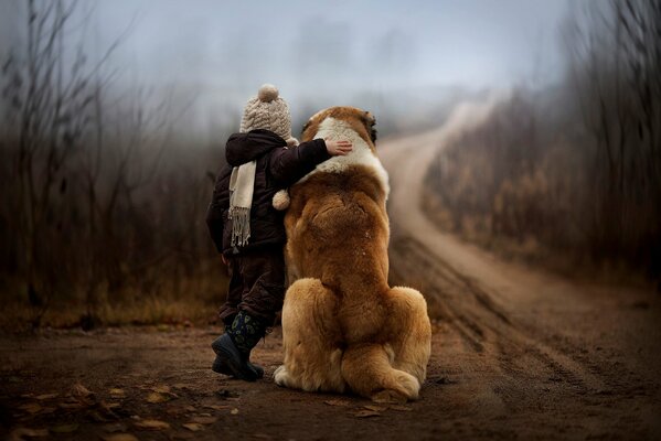 Un niño se abraza con un perro