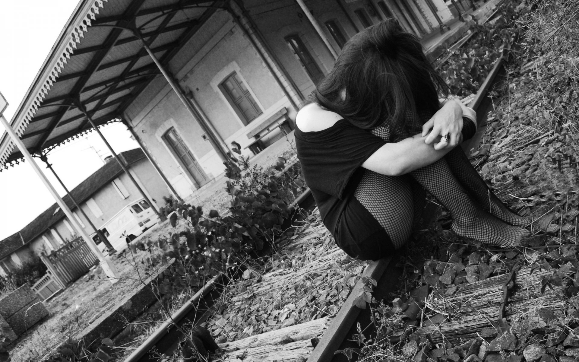 black&white sadness black clothes sad girl black tights train station grey sky