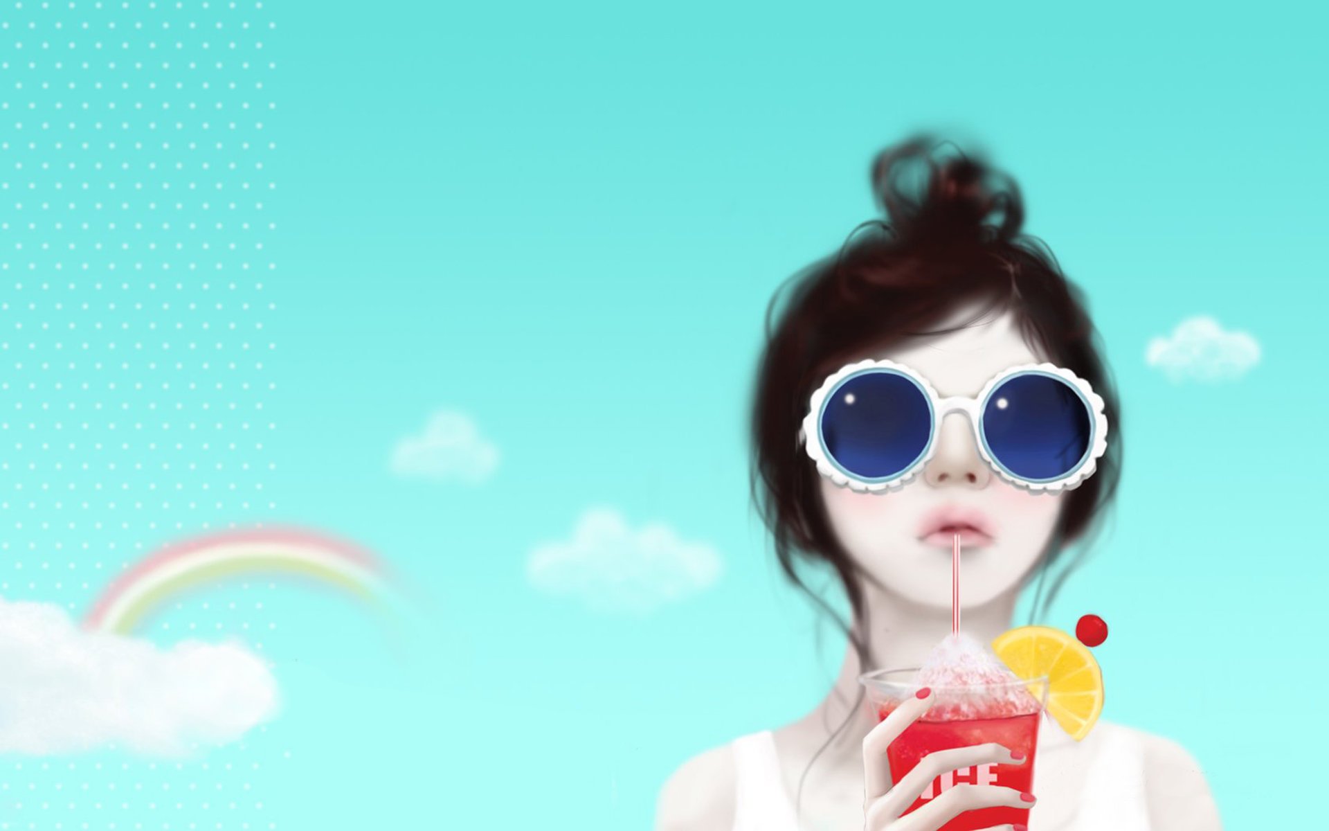 enakei girl thoughtful sunglasses tube cocktail lemon sky rainbow cloud