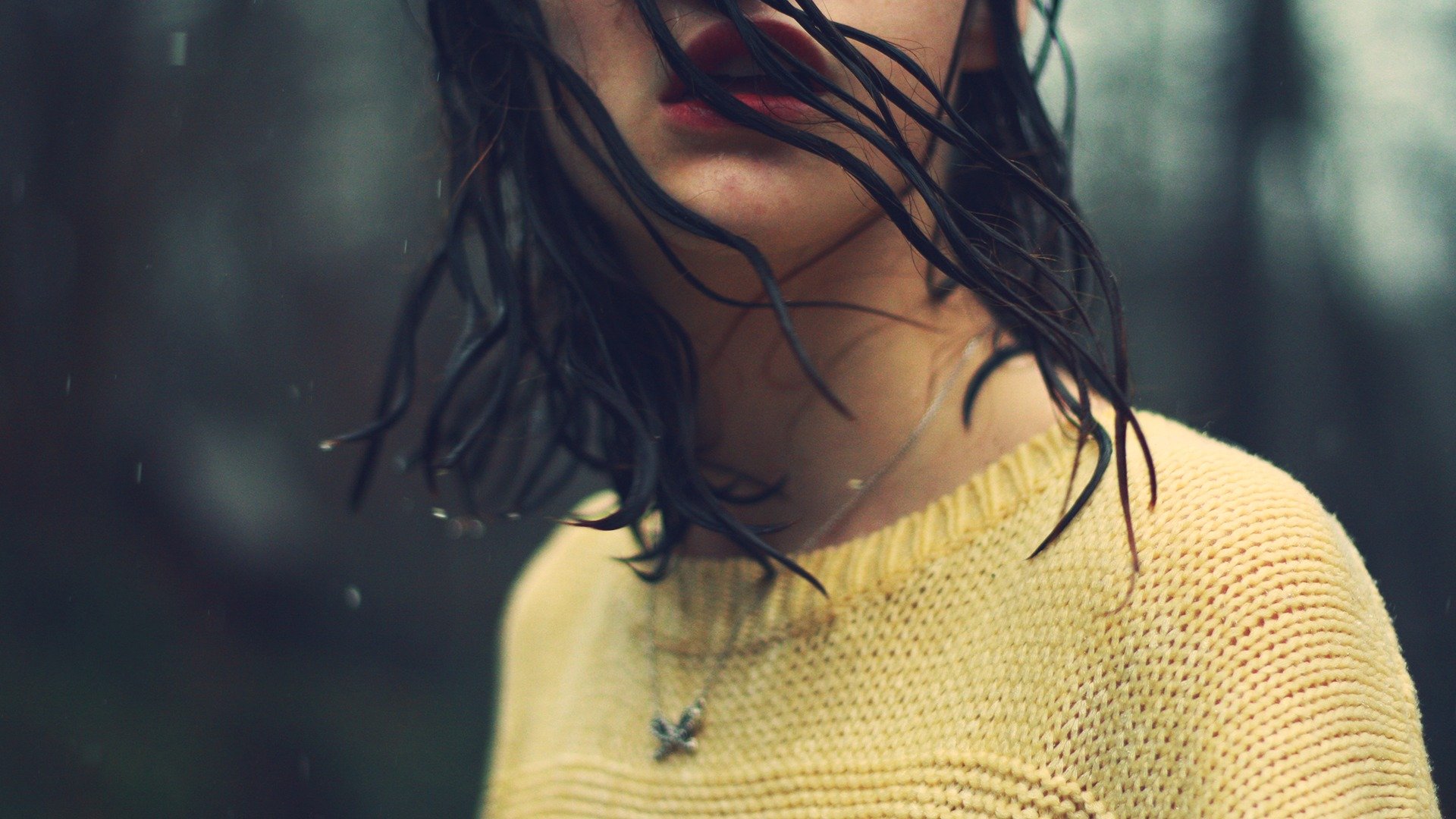 mood girl brunette hair wet rain water background wallpaper