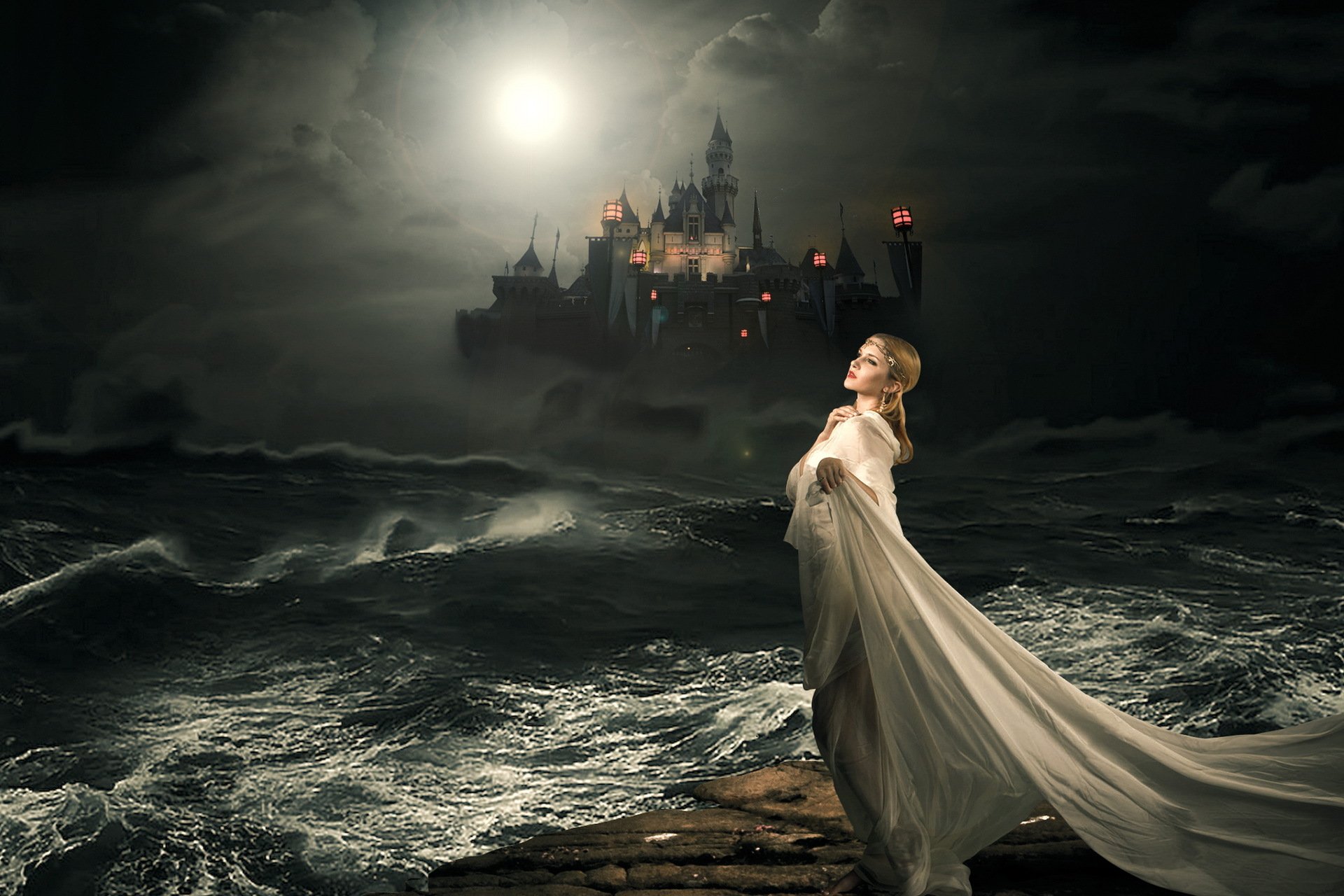 girl castle sea night tale