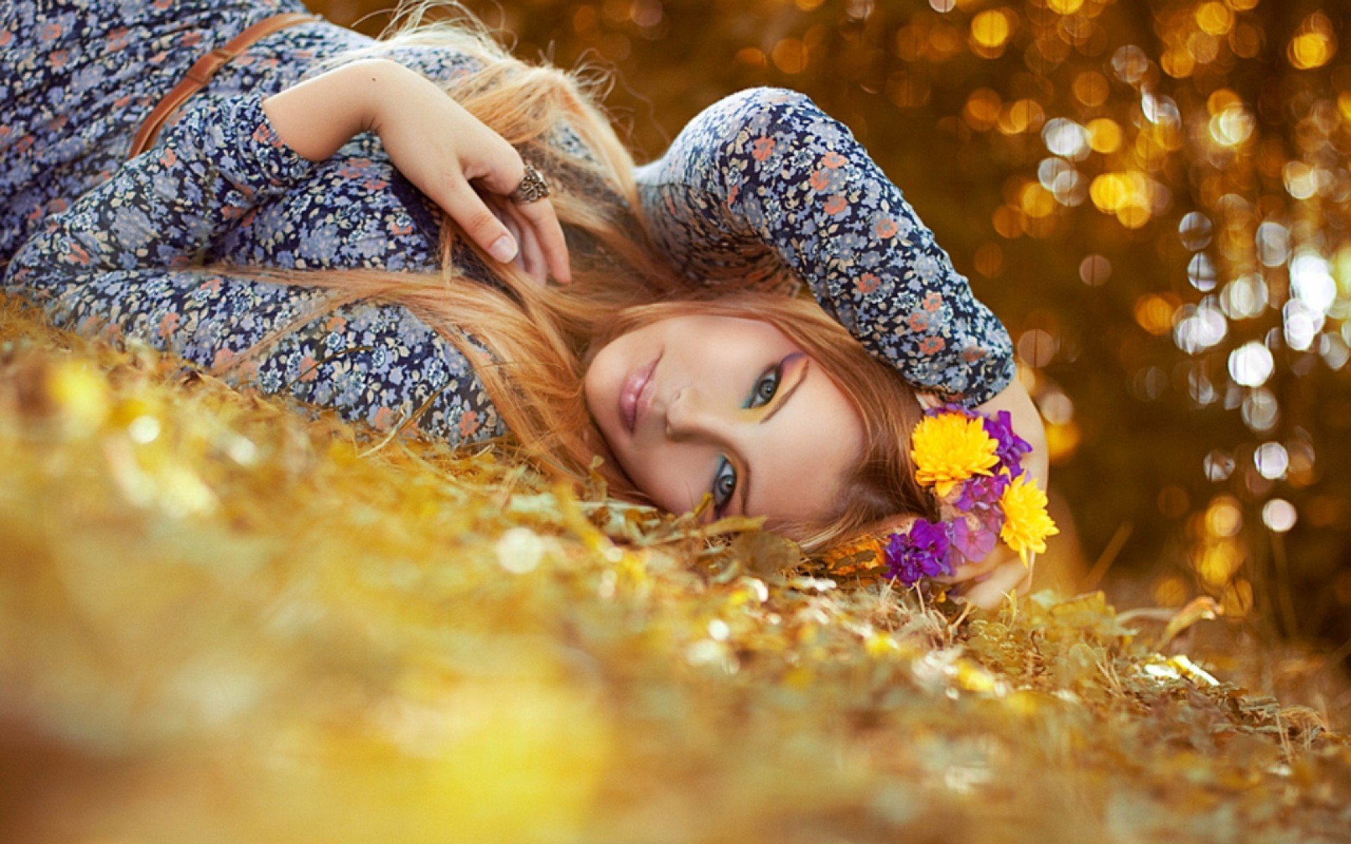 mood girl face view autumn. leaves flowers flower m ring background wallpaper