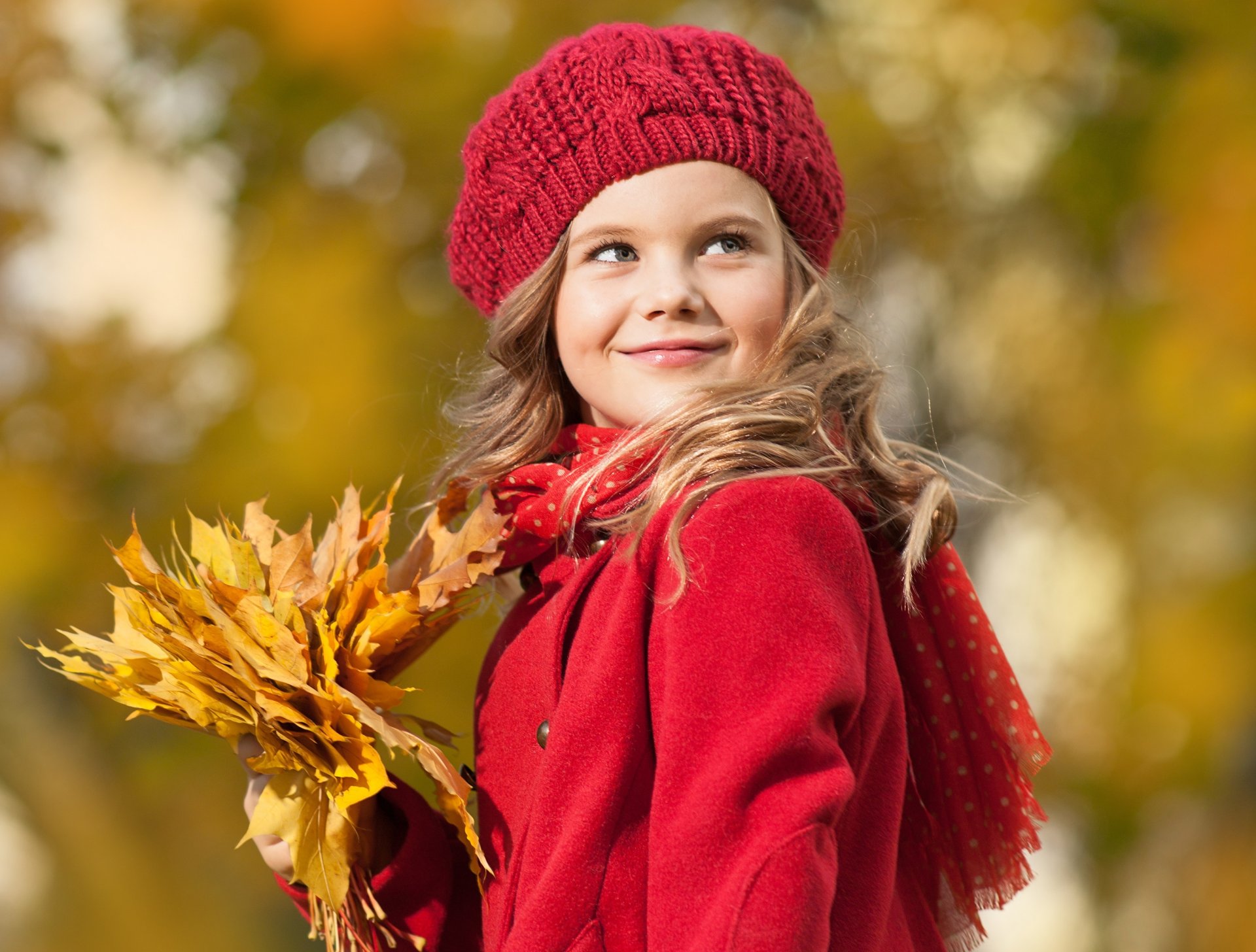 girl blonde view smile hat coat leaves autumn