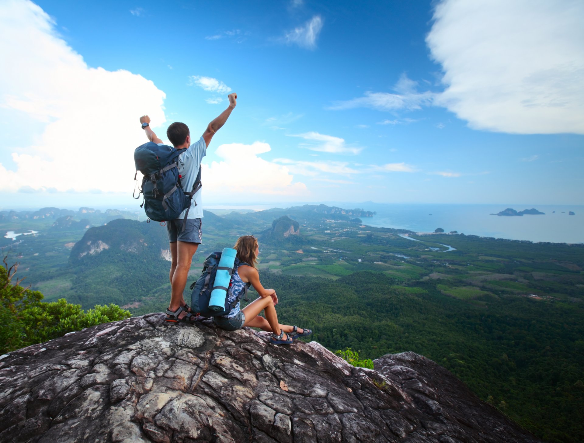 ummit backpacks tourism girl guy valley. river lake sky cloud