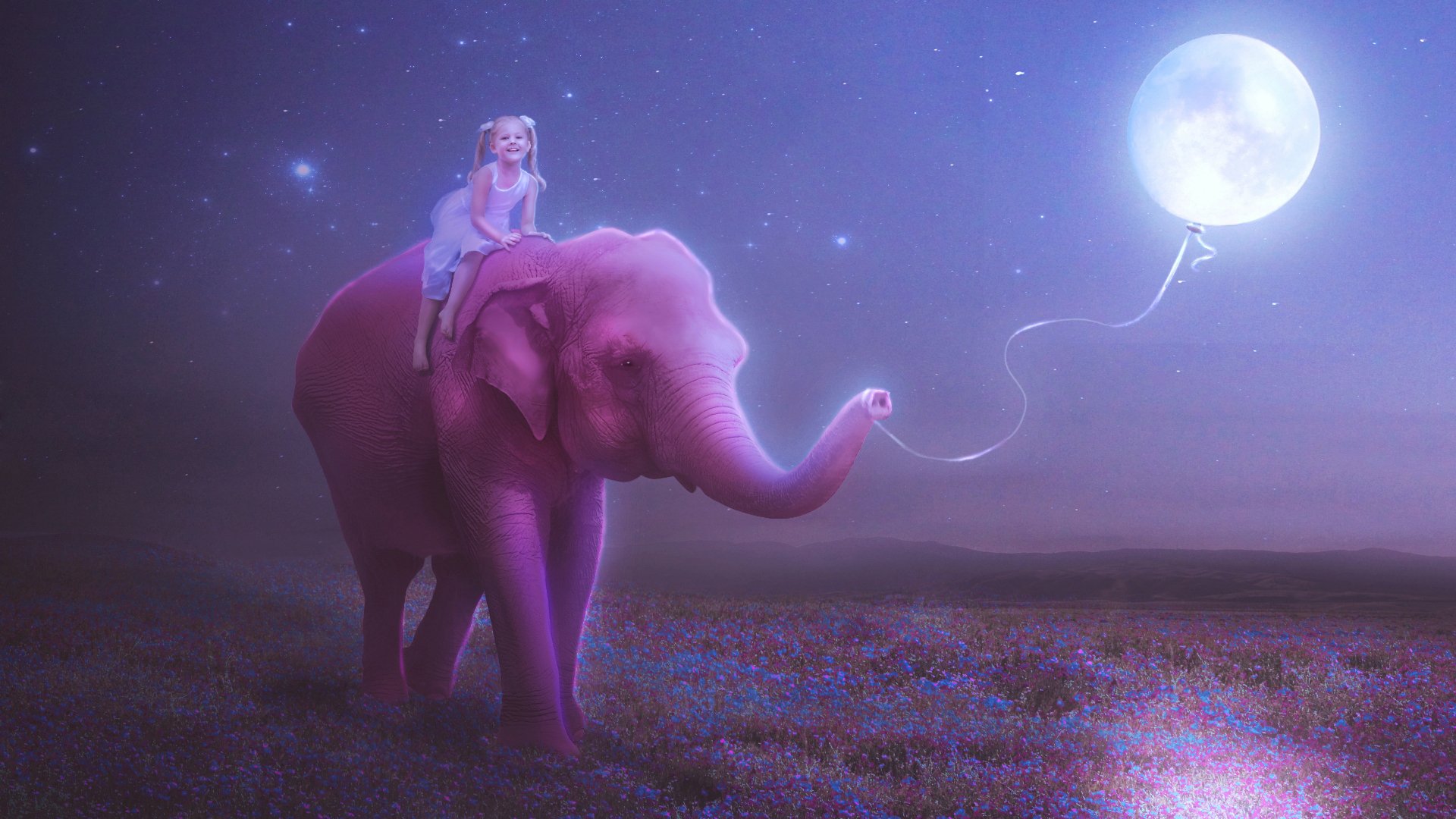 mädchen kind elefant mond kugel faden muster stimmung glück lächeln himmel nacht sterne blumen wiese rosa