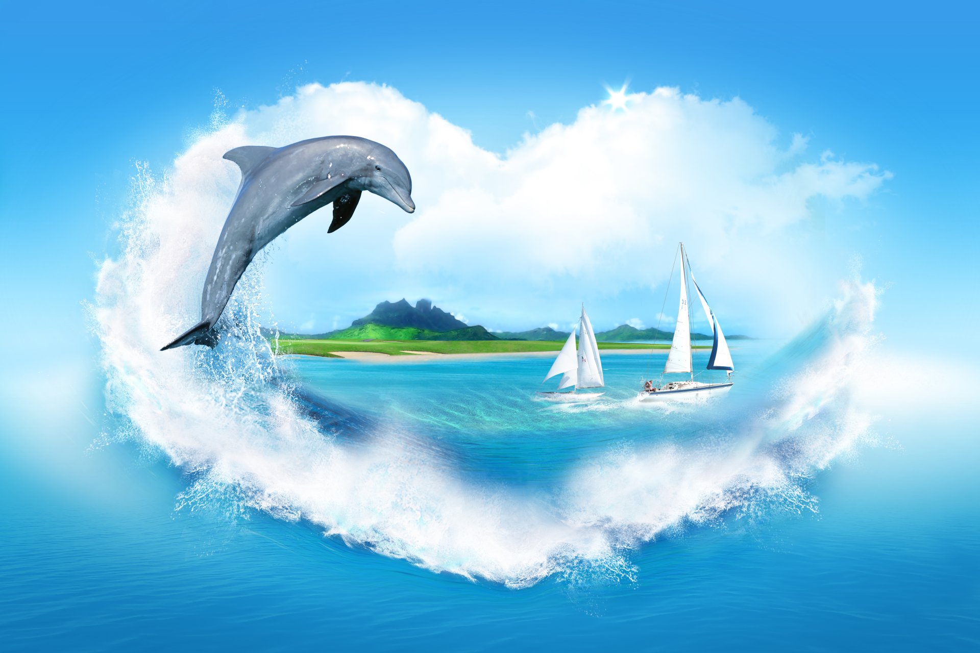 heart spray clouds sea dolphin sailboats beach