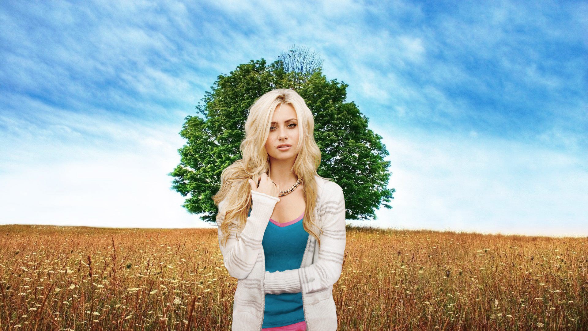 girl blonde beautiful the field meadow tree sky