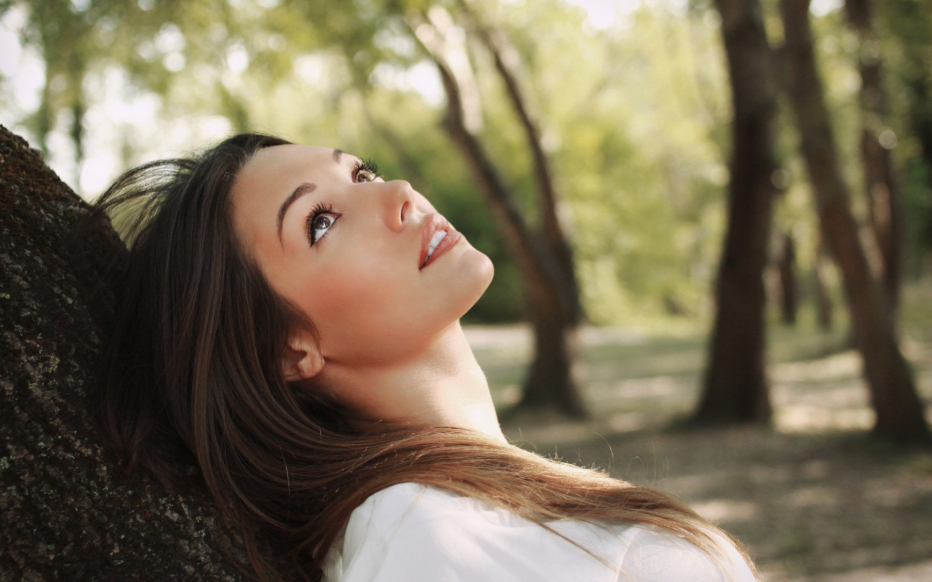 stimmung mädchen gesicht make-up blick baum natur hintergrund tapete