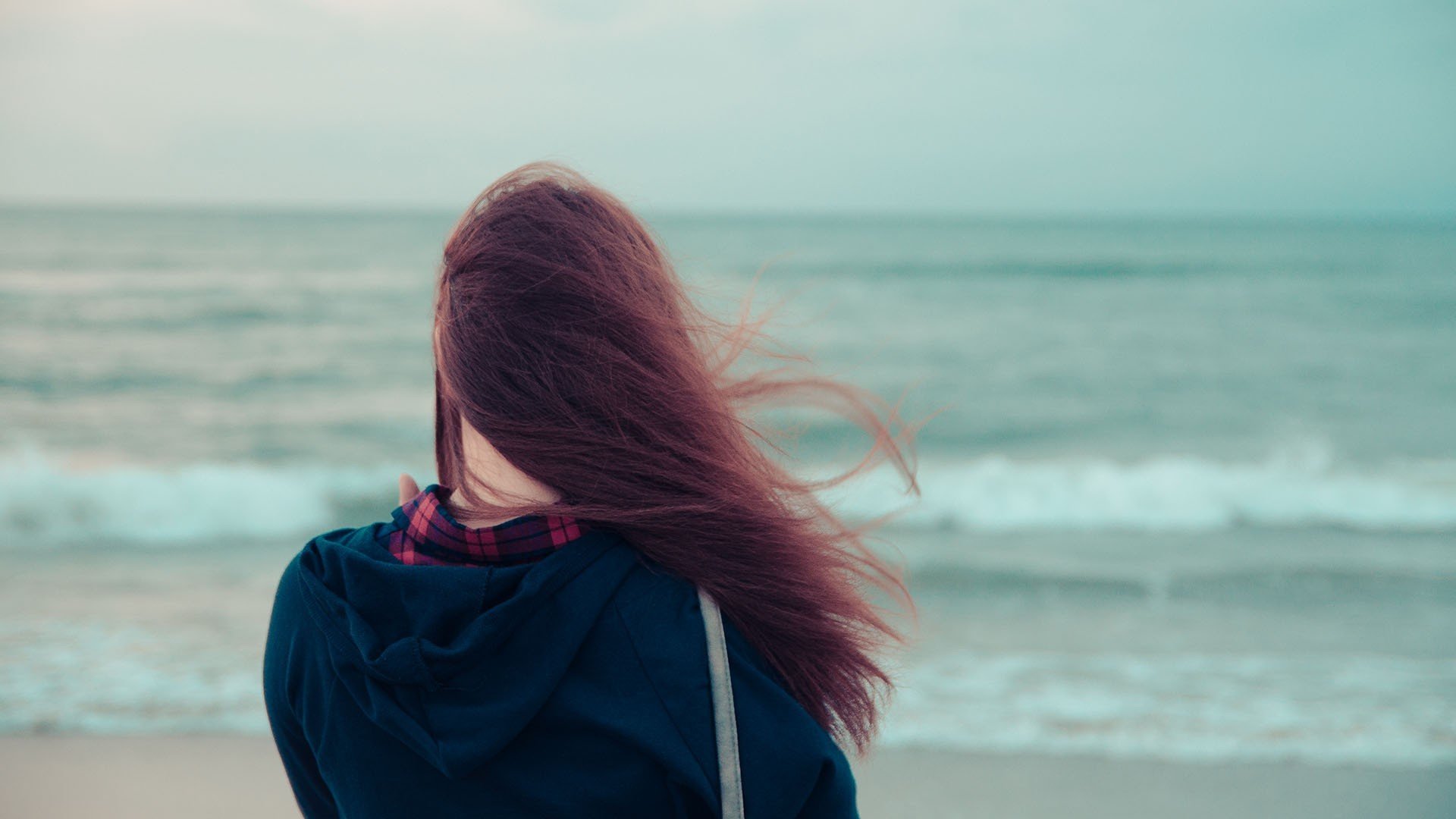 mood girl brunette hair wind sea river water background wallpaper