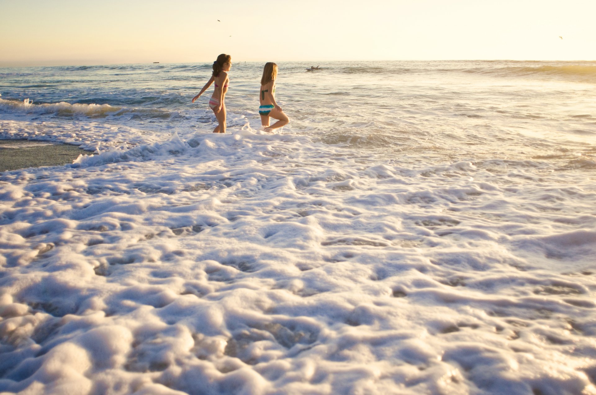 morning ocean waves foam girl