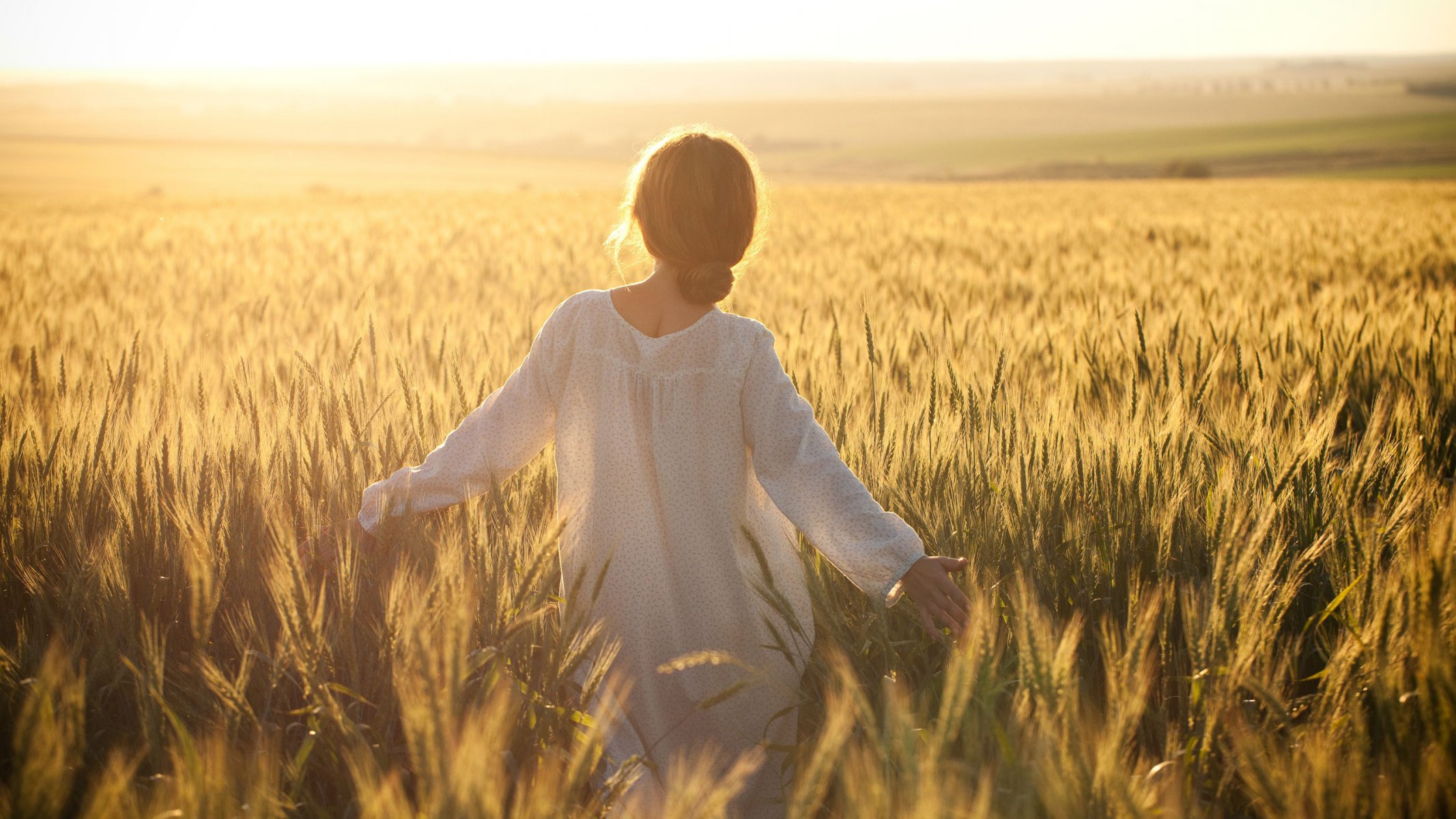 girl girls girls girl woman women field wind wheat harvest yellow sky dress hair from the back walk freedom happiness one one loneliness beautiful desktop wallpaper wallpaper widescreen wallpaper