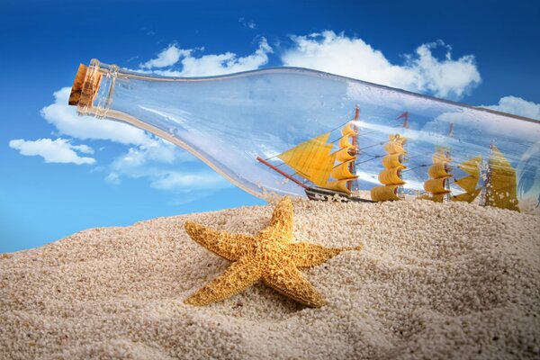 Bottle with a boat on a sandy beach