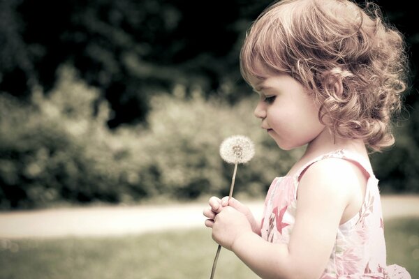 Curly-haired little girl in a sundress with a dandelion in her hands