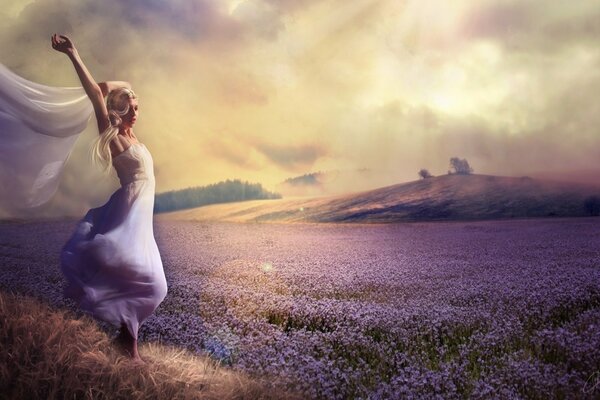 On a lavender field, a girl in a dress