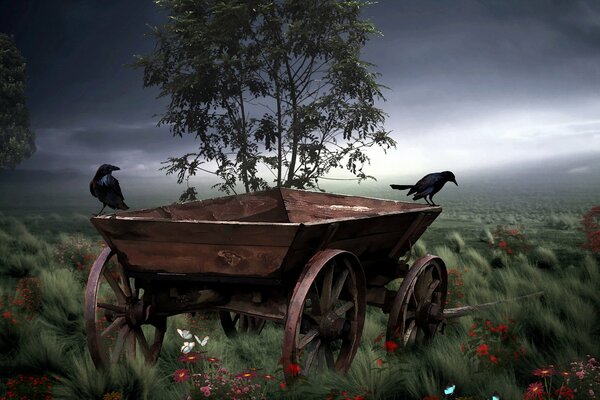 Two crows are sitting on a cart