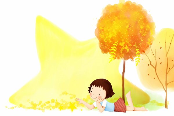 A cute cartoon child lies on the grass under a tree and plays with fallen leaves