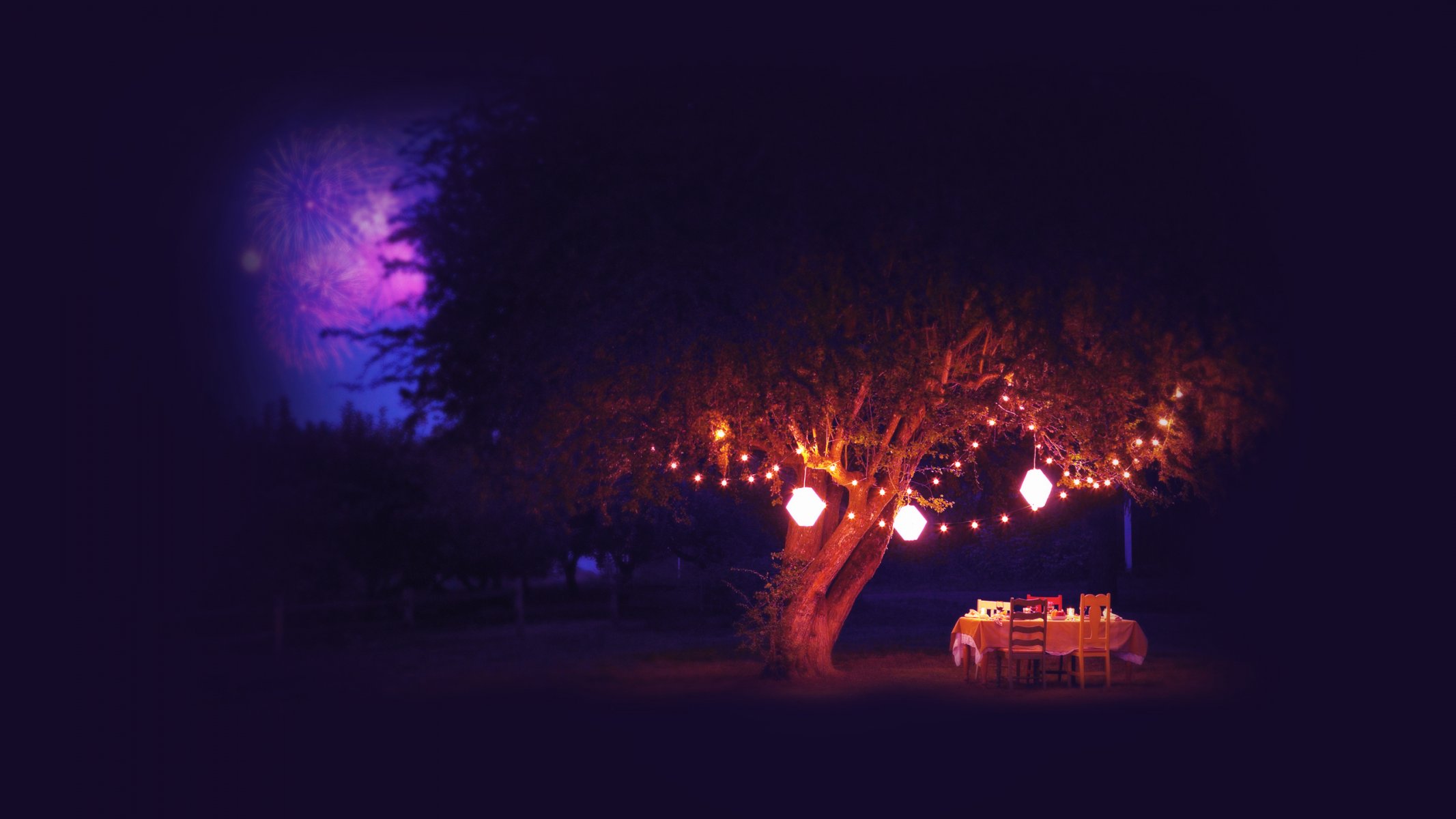 sommer tisch nacht baum laternen salute feuerwerk