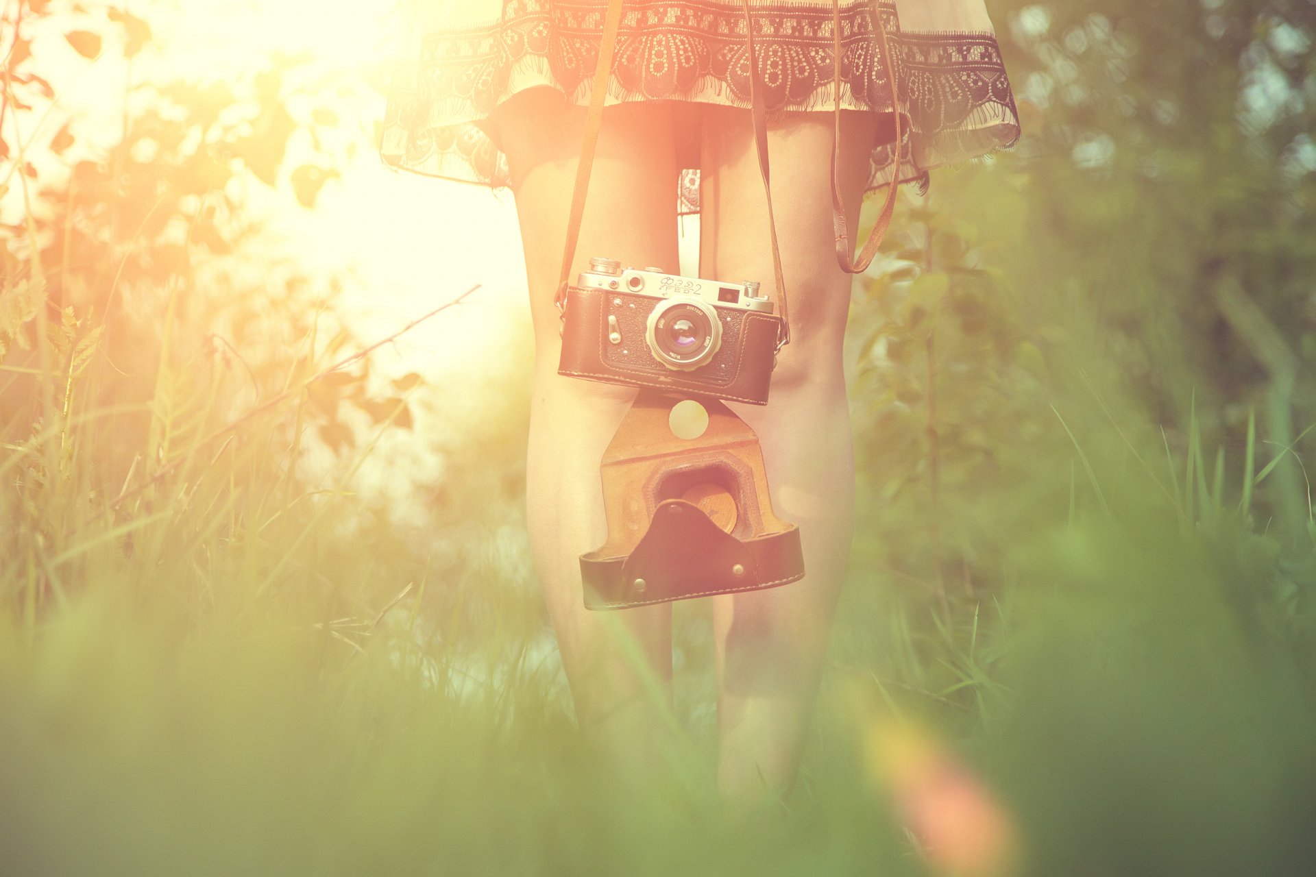 ragazza macchina fotografica foto sole erba piedi vestito bagliore