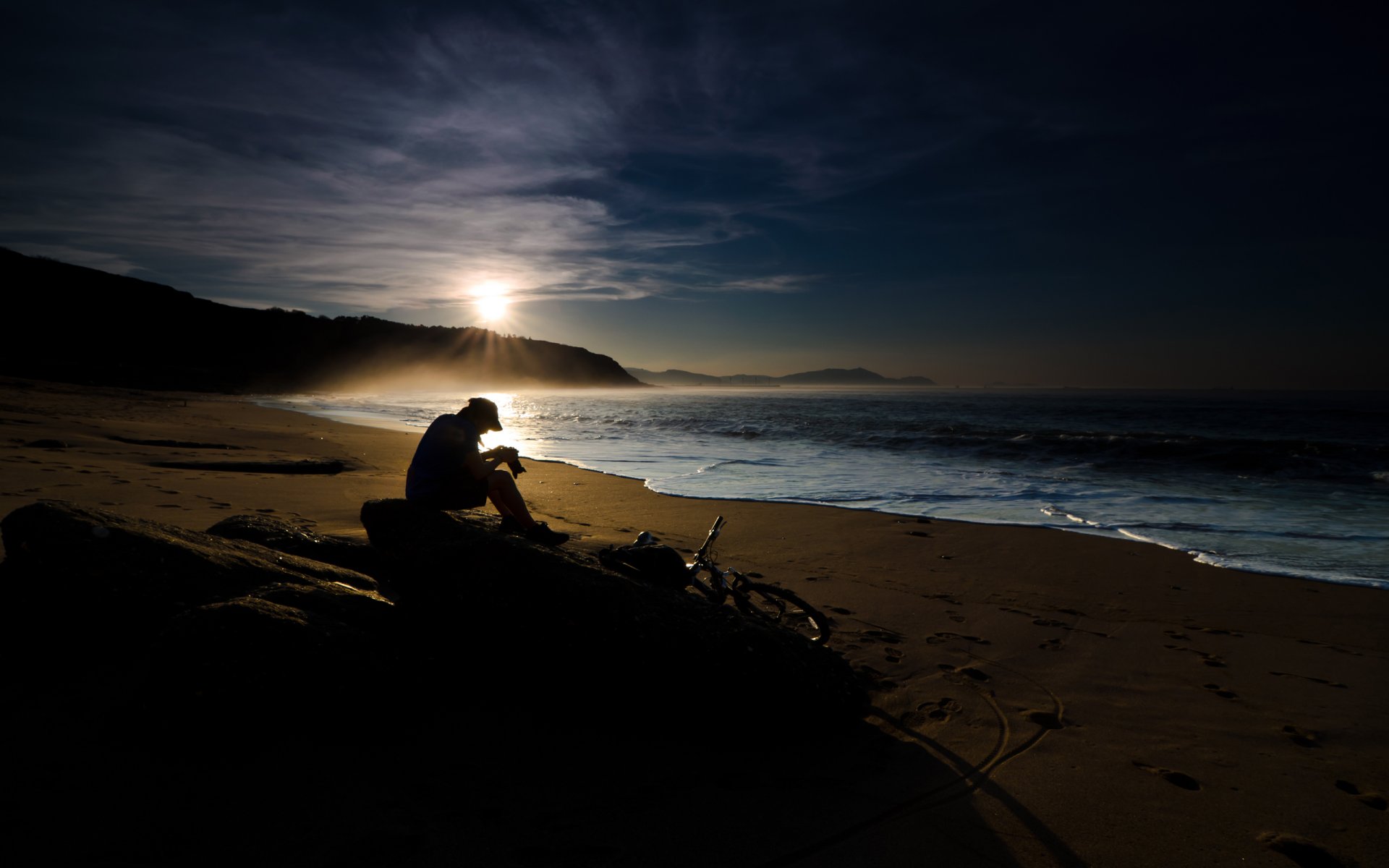 mood landscapes sea water ocean coast coast beaches sand wave waves sun dawn mountain mountains man people men man guy guys bicycles cameras stone stone