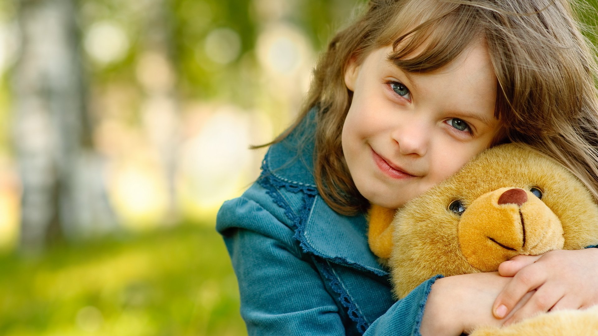 mood child girl small teddy bear irreplaceable friend smile happiness brown hair hair nature background