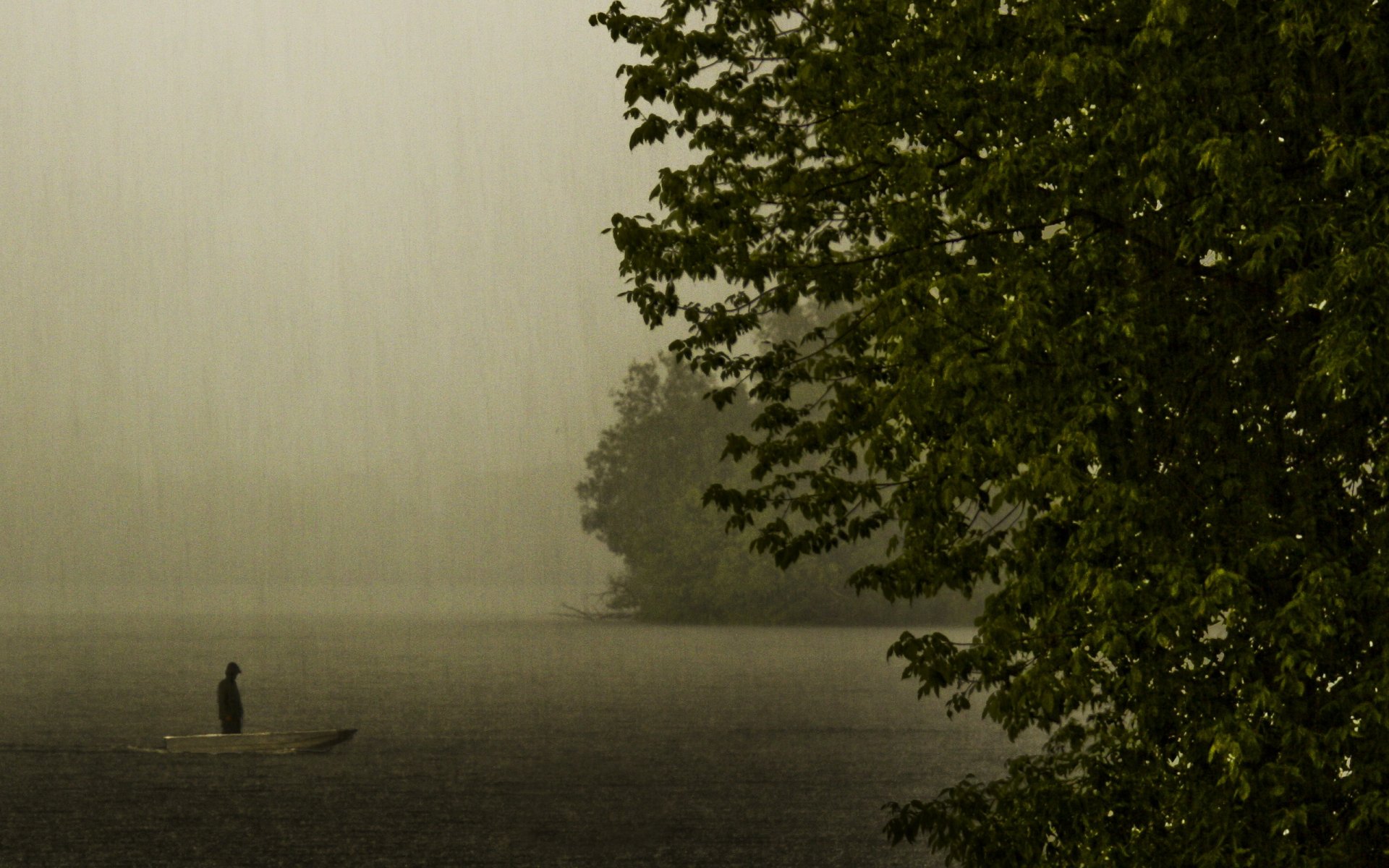 lake boat rain night mood