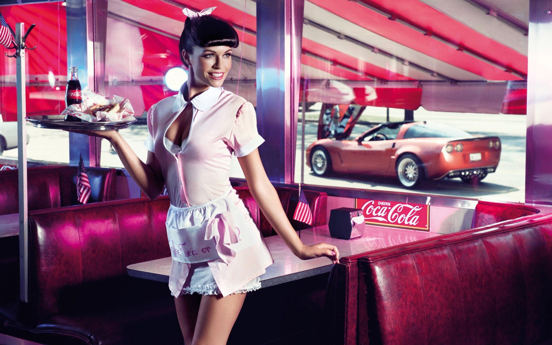 cafe girl waitress coca-cola flag window machine