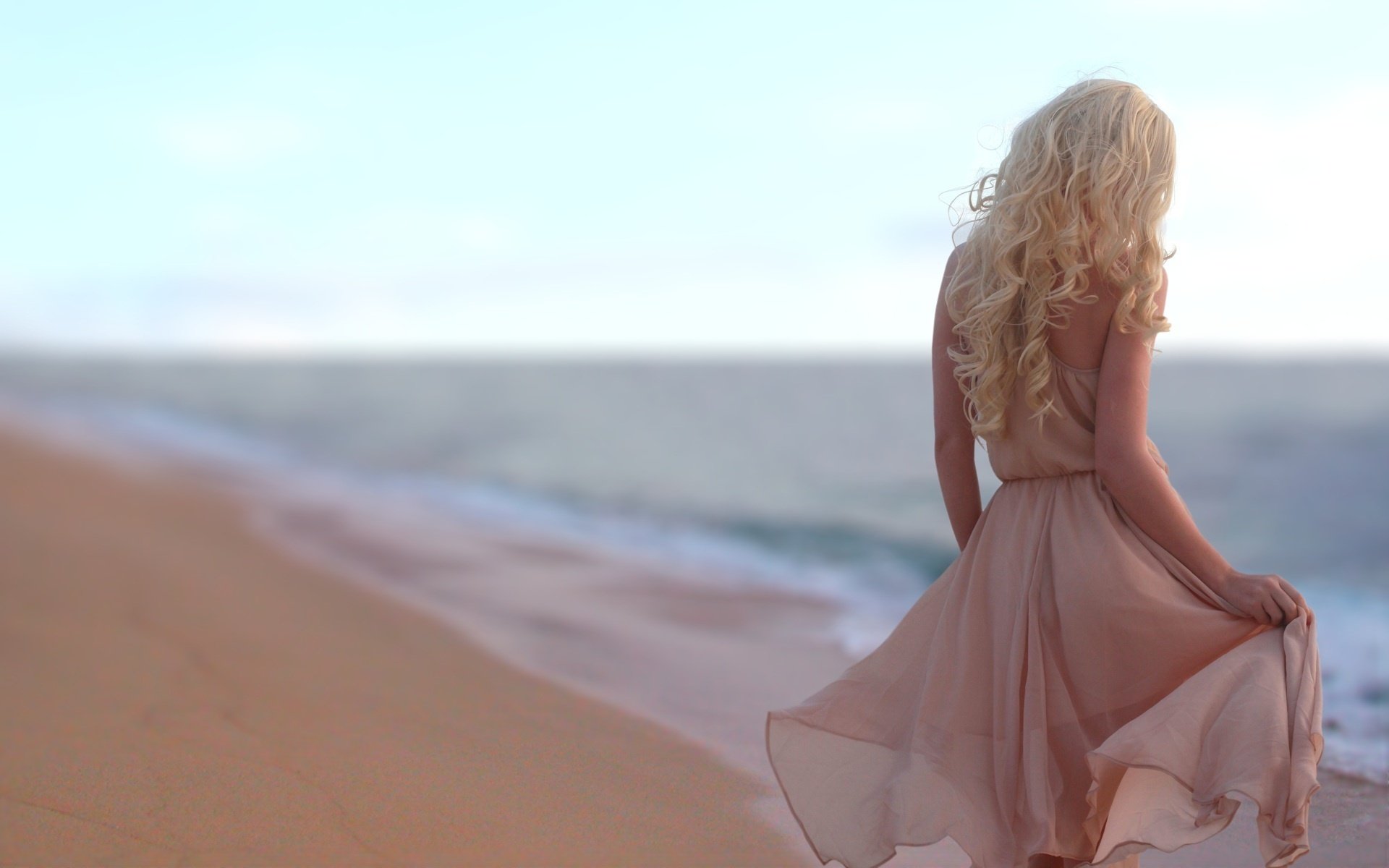 girl blonde dress sea beach sand