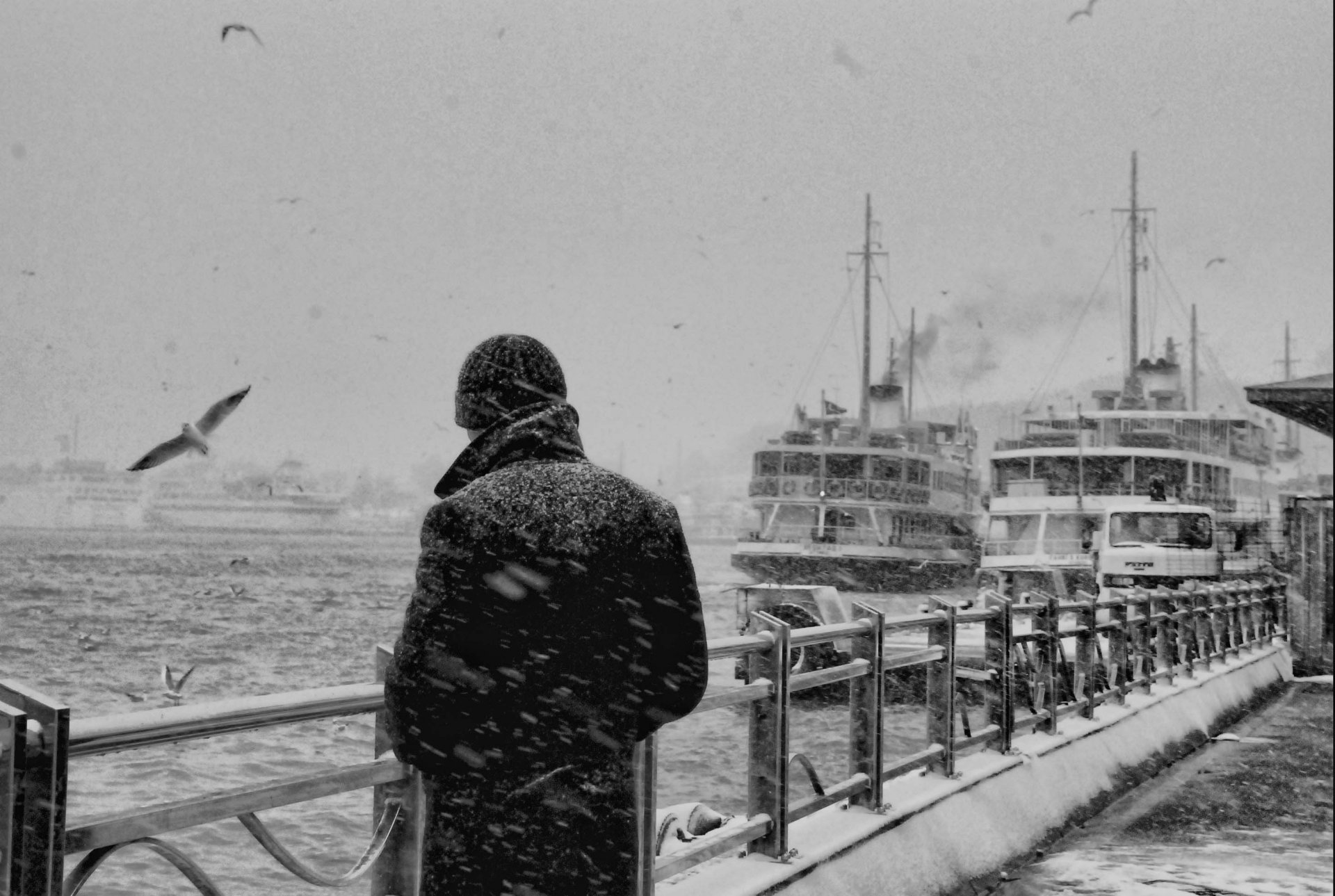 czarno-biały facet mężczyzna morze statki port mewy śnieg płot nostalgia wspomnienia myśli zaduma samotność smutek