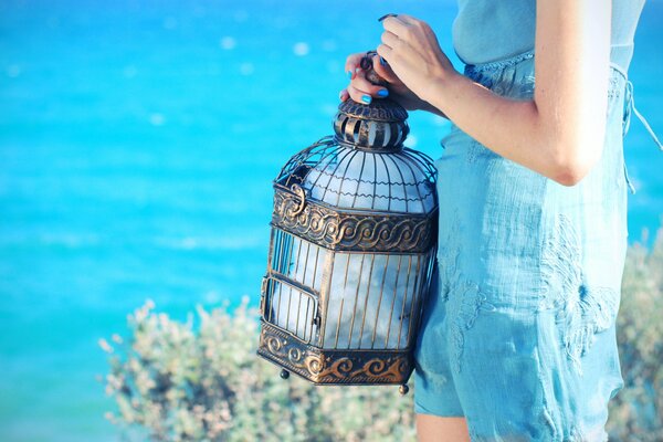 Ragazza con gabbia per uccelli in riva al mare