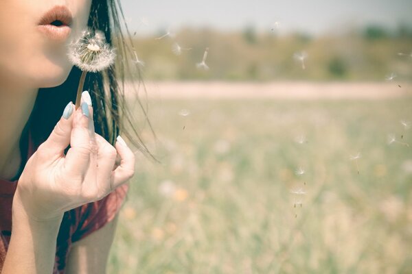 Fille soufflant pissenlit dans le vent