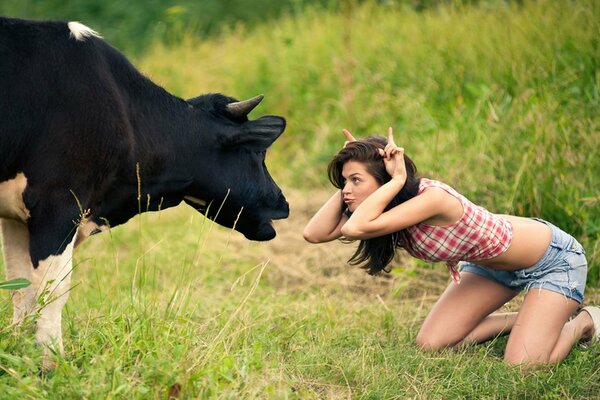 Girl fooling around in a meadow with a cow