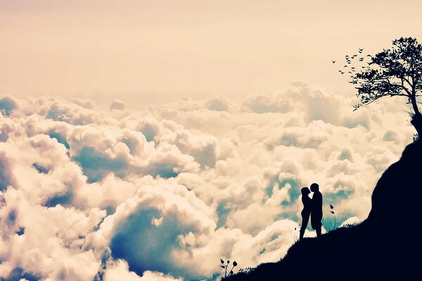 Foto romántica en el fondo del cielo nublado