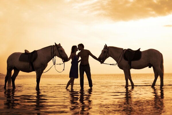 Serata ramontica a cavallo nei raggi del tramonto