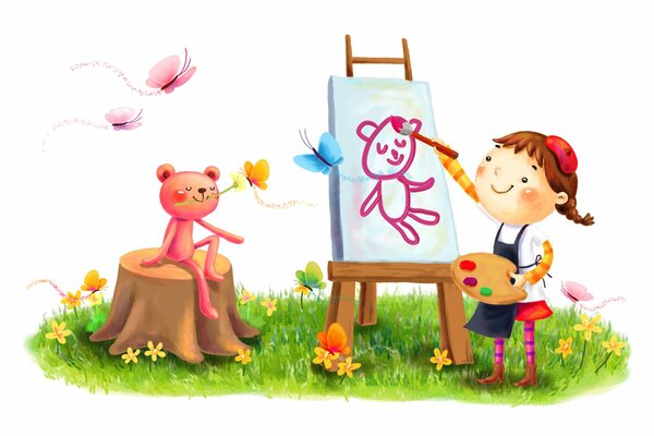 On the lawn in summer, a girl paints on canvas