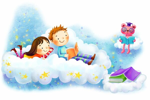 Un niño y una niña se acuestan en una nube entre las estrellas y leen un libro en compañía de la Pantera rosa con un título