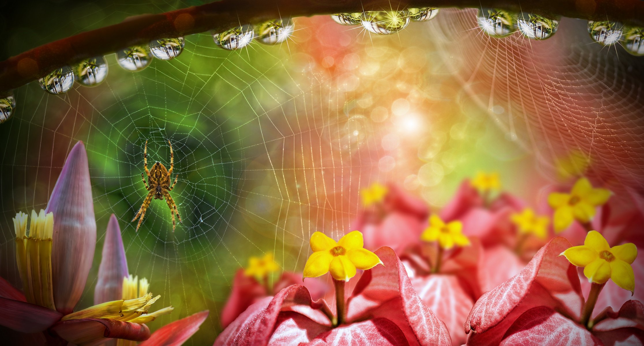 gotas telarañas araña flores