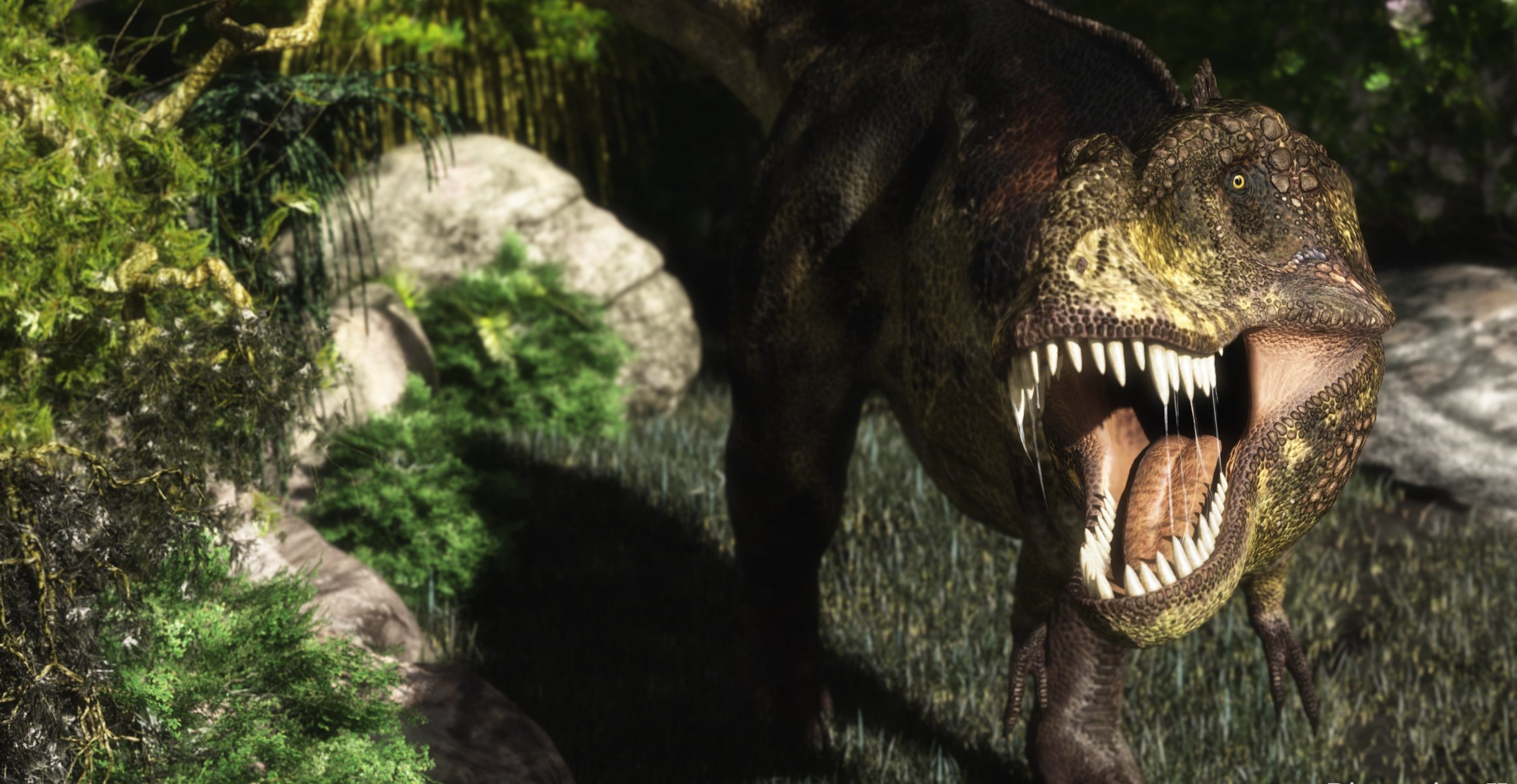 render dinosaurio fauces colmillos hambre verdes piedras