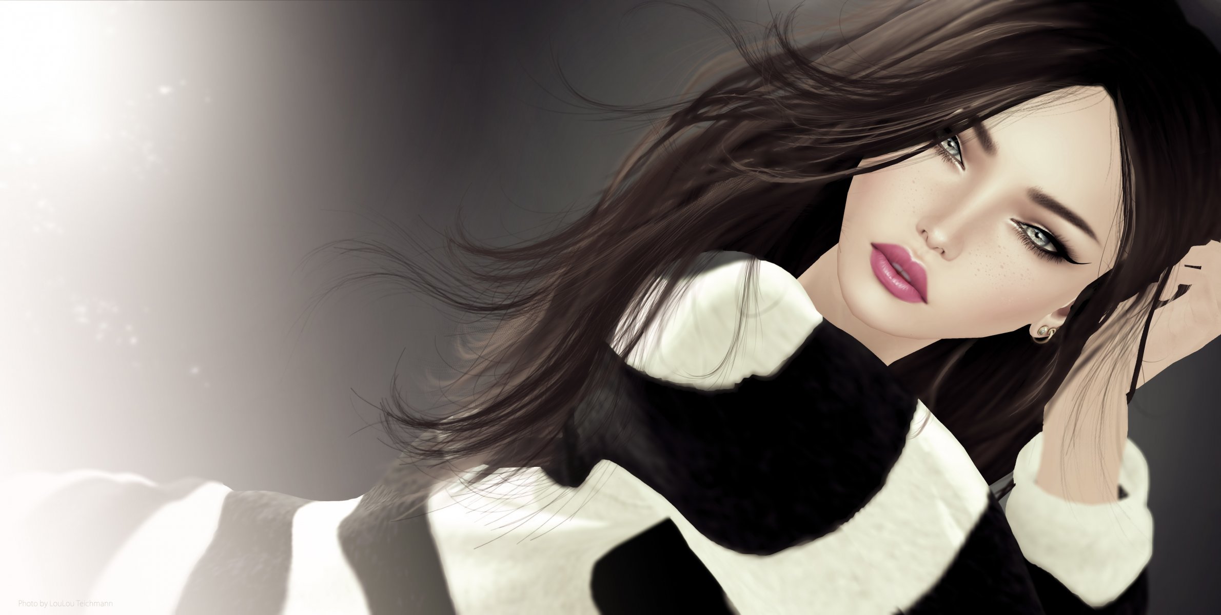 rendering ragazza sguardo capelli giacca strisce orecchini