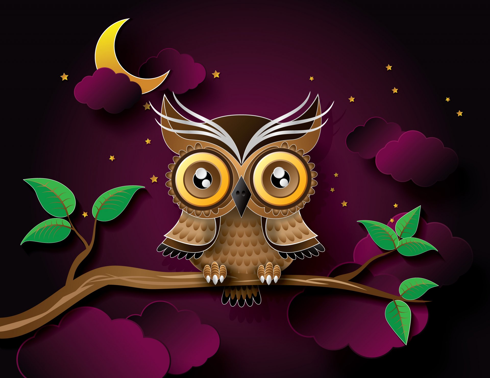 night star moon branch leaves owl