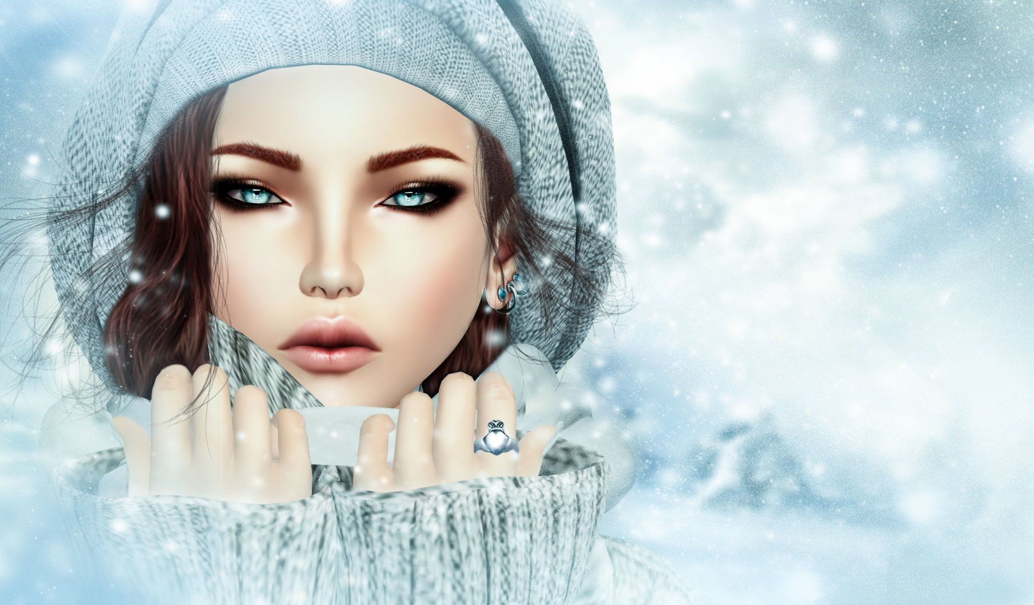 rendu fille regard visage chapeau froid hiver