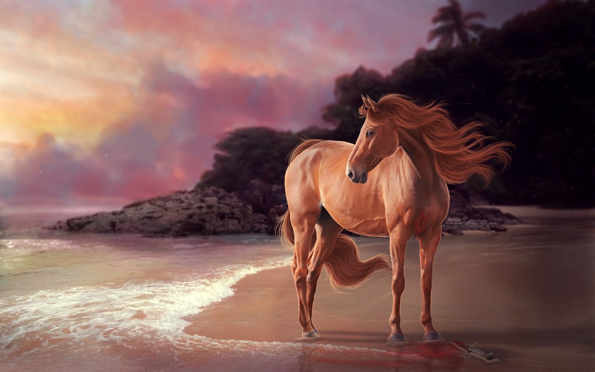 rendering animals horse mane view sea beach