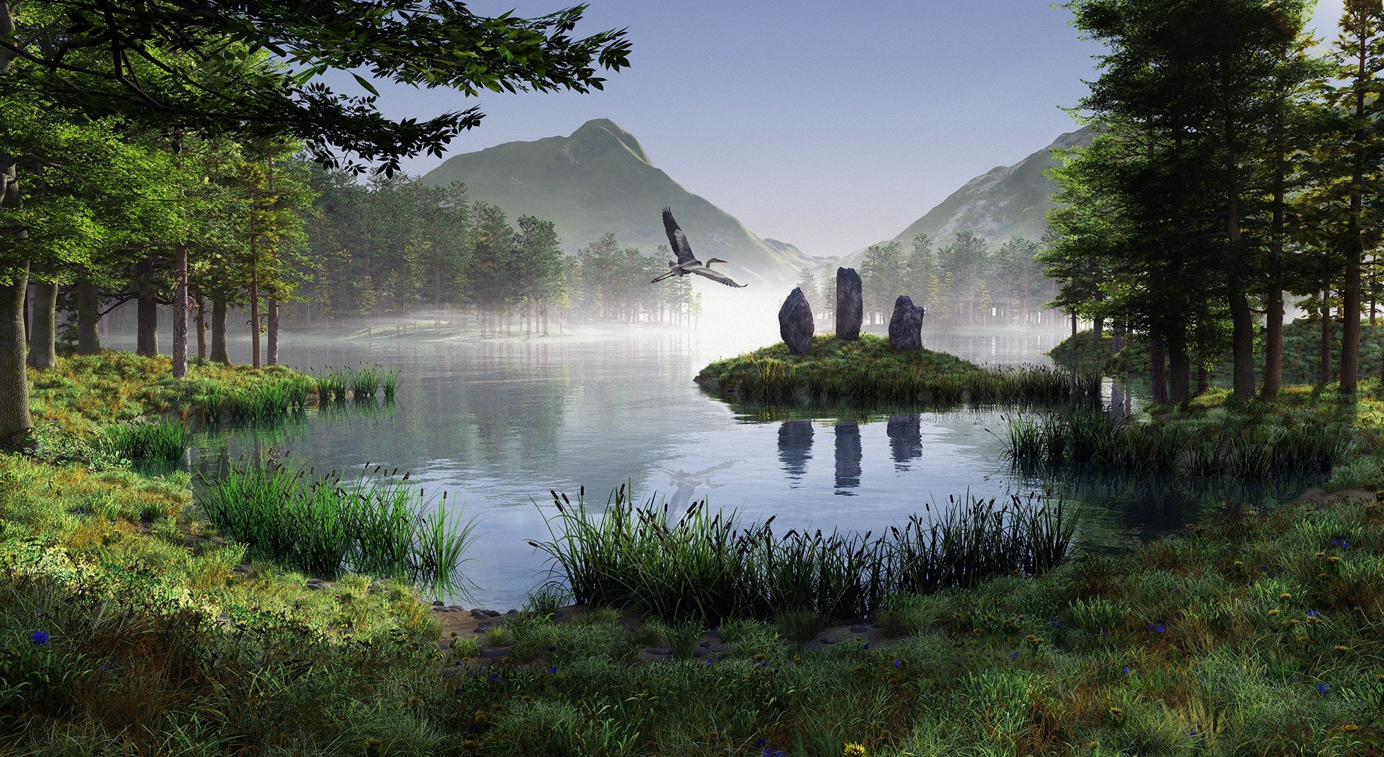 render paisaje montañas lago pájaro piedras monolito grúa