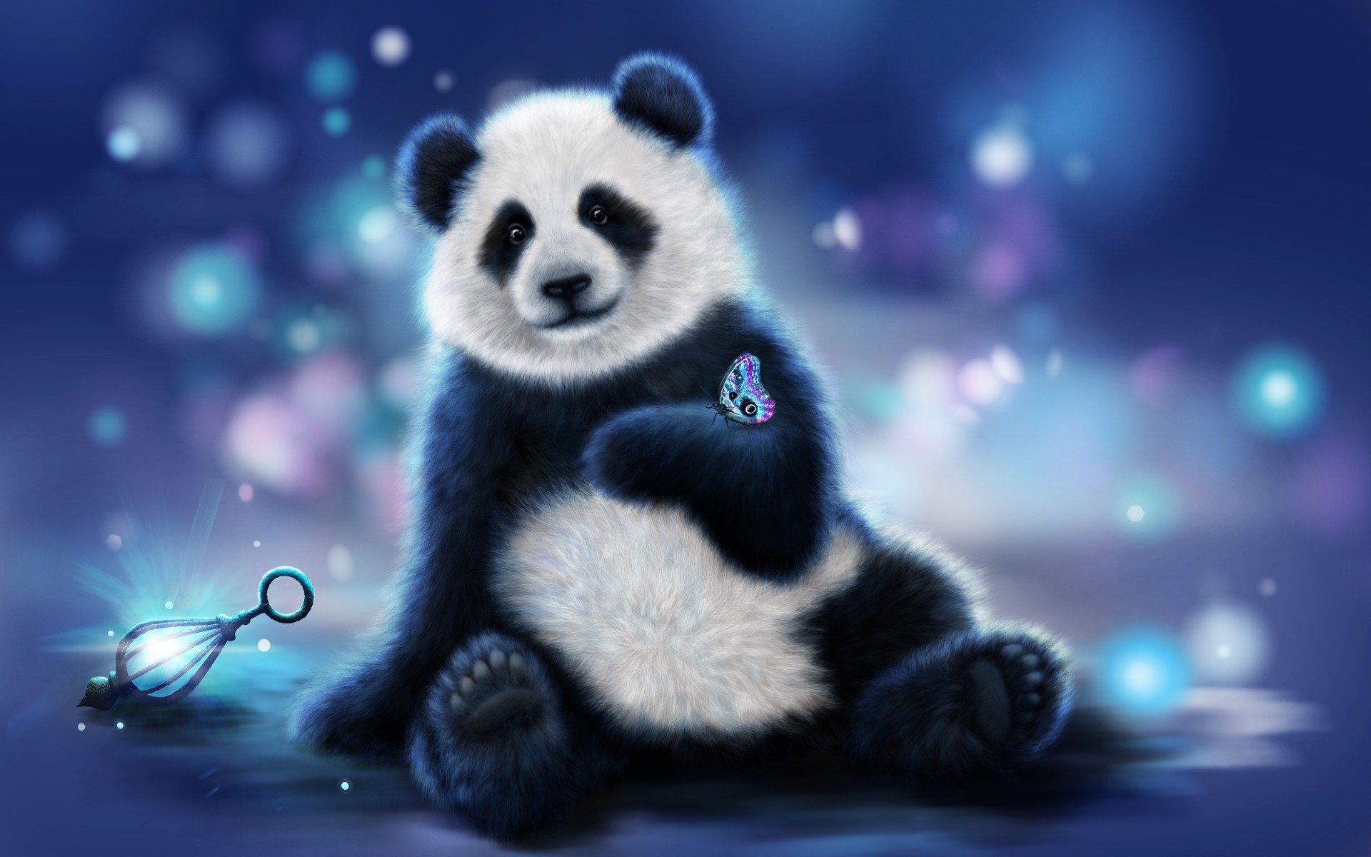 panda bear butterfly flowers background rendering