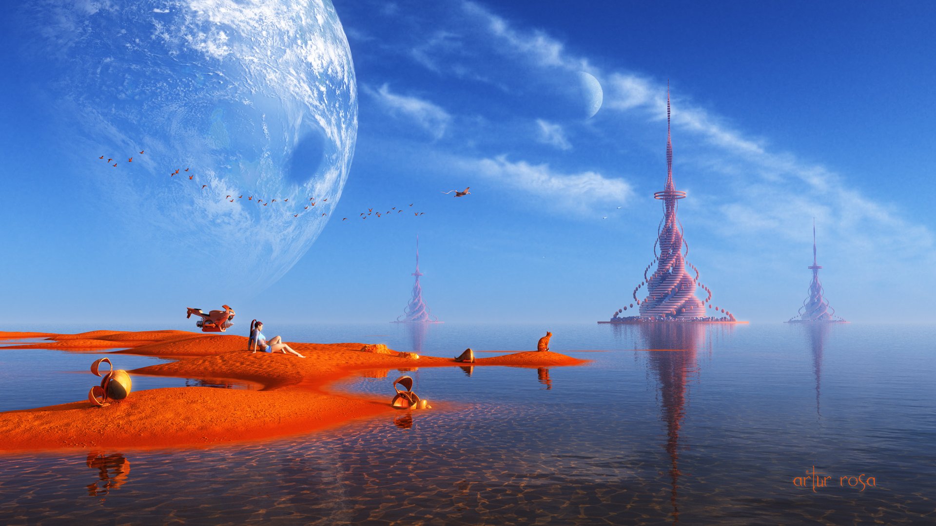 render paisaje mundo de fantasía torres chica transporte arena criaturas aves planeta agua