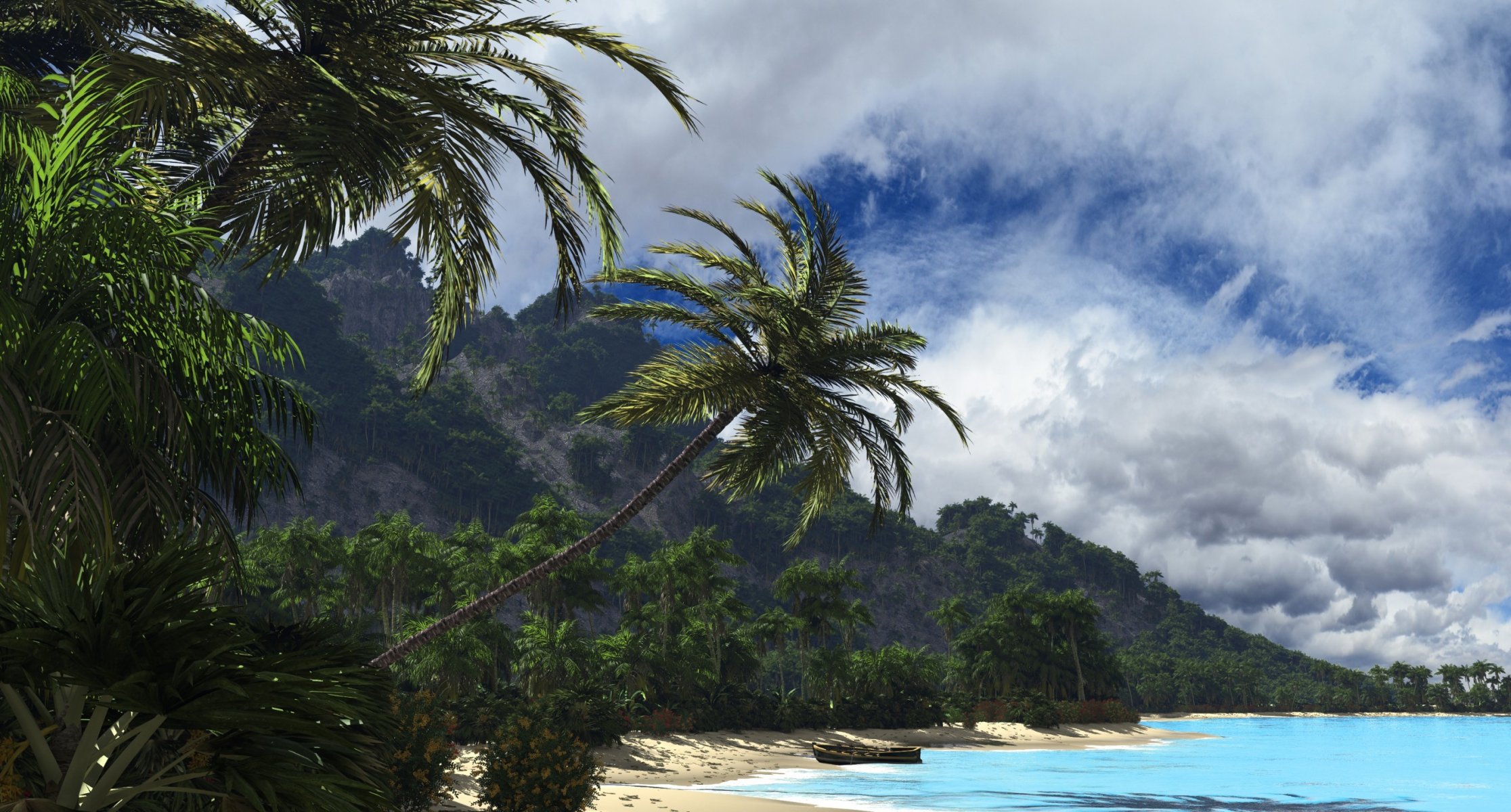 nature sea beach palm tropics boat hills cloud