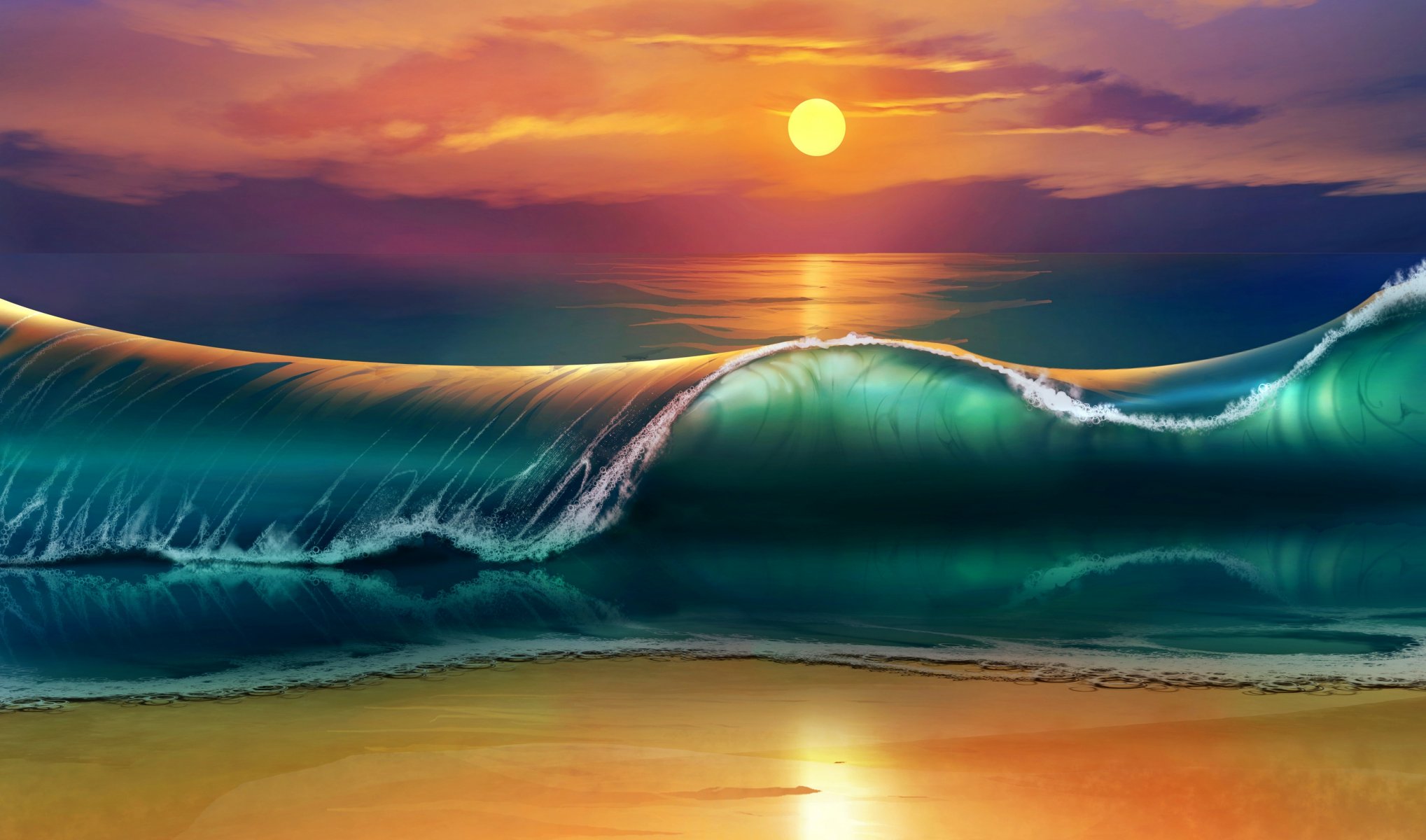 coucher de soleil plage mer vagues