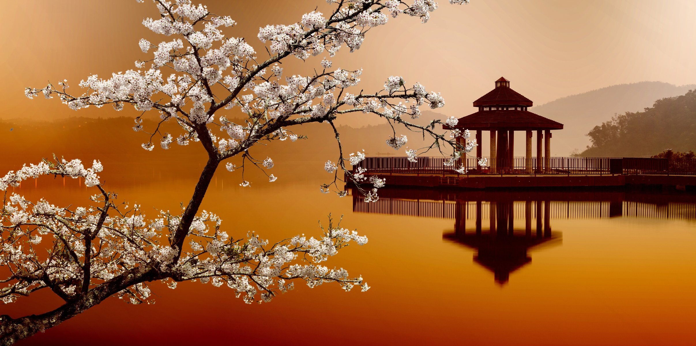 oriental scenery sakura house on the water eastern landscape