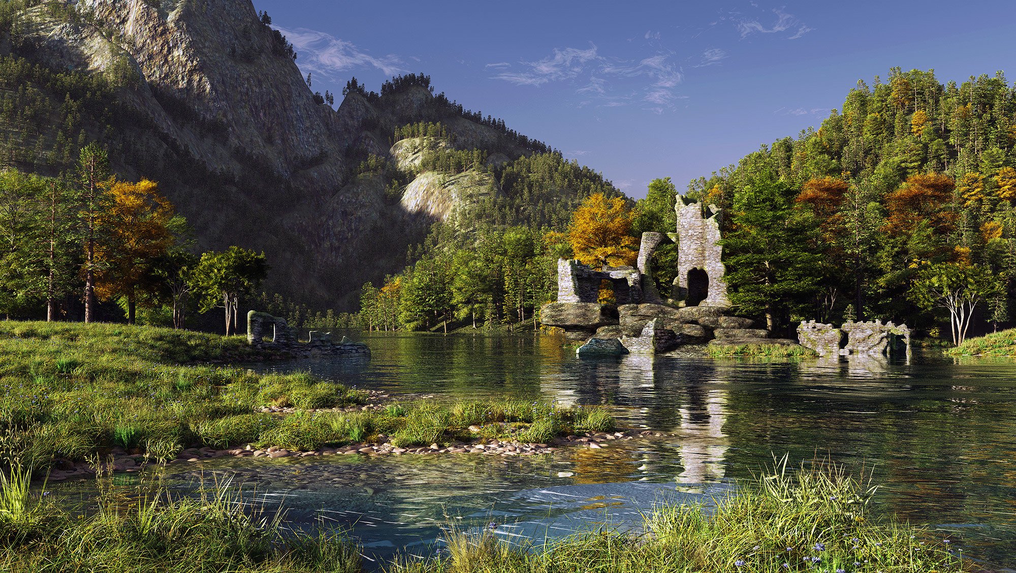 le paysage le rendu les ruines la montagne le ruisseau l herbe