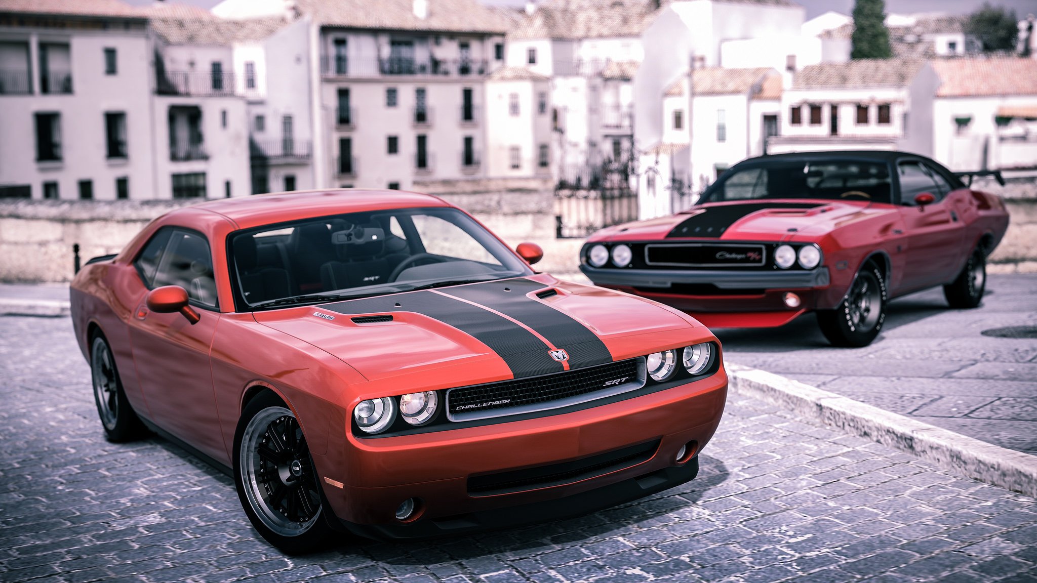 dodge challenger muscle car muscle car front end city rendering background